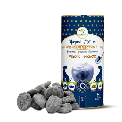 Pawfect Yogurt Melties Pre and Probiotic Dog Treats with Blueberry, Cranberry, Blue Spirulina & Mint | Healthy Gut | Low Calories | Grain & Gluten Free | Reward or Training Treats (38g/1.34oz)