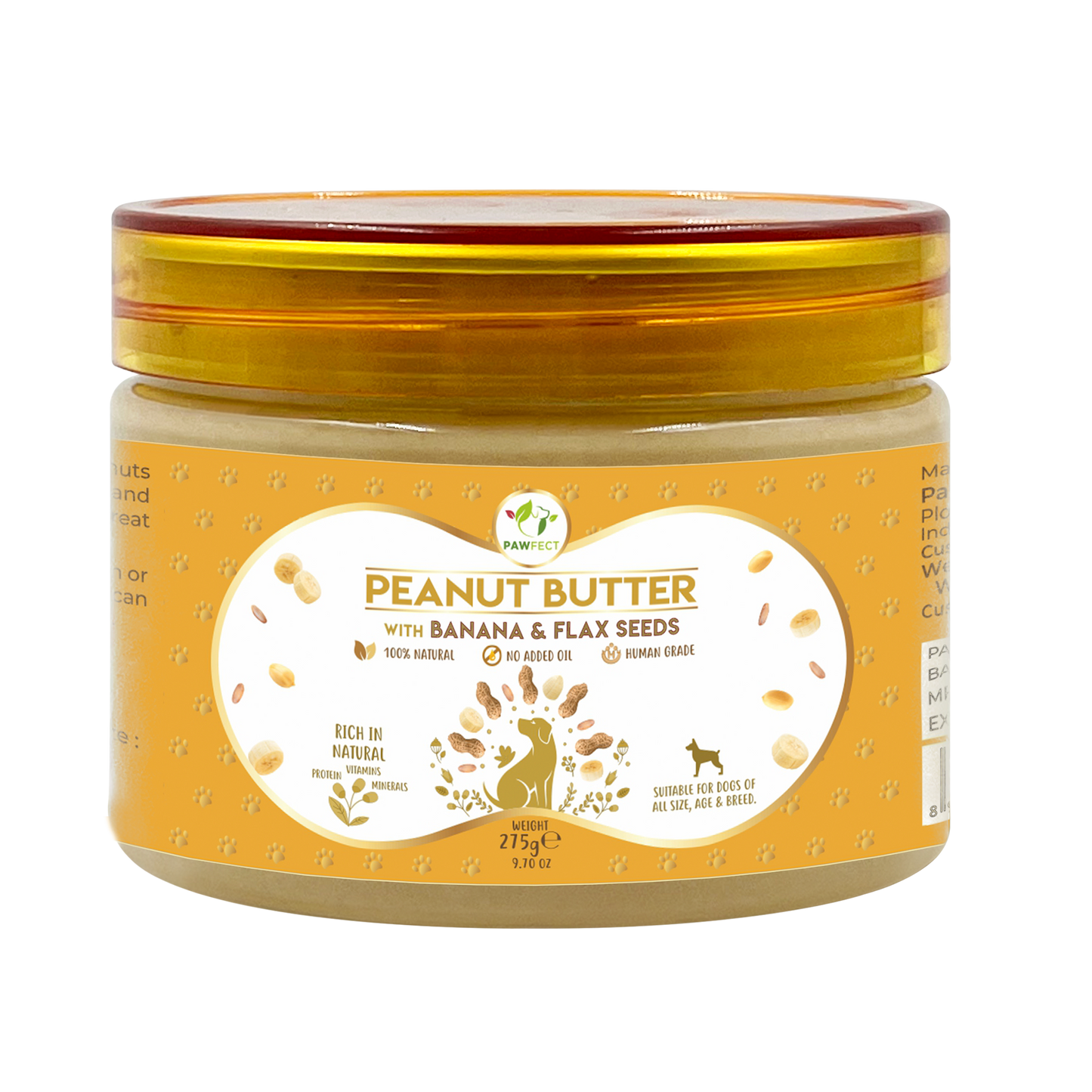 Pawfect Peanut Butter with Banana & Flaxseeds for Dogs & Puppies | 100% Natural| No Added Sugar, Salt, Palm Oil | No Sweeteners, No Xylitol | Healthy Dog Treat