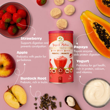 Pawfect Yogurt Melties Pre and Probiotic Dog Treats with Strawberry, Apple, Papaya & Burdock Root | Healthy Gut | Low Calories | Grain & Gluten Free | Reward or Training Treats (38g/1.34oz)