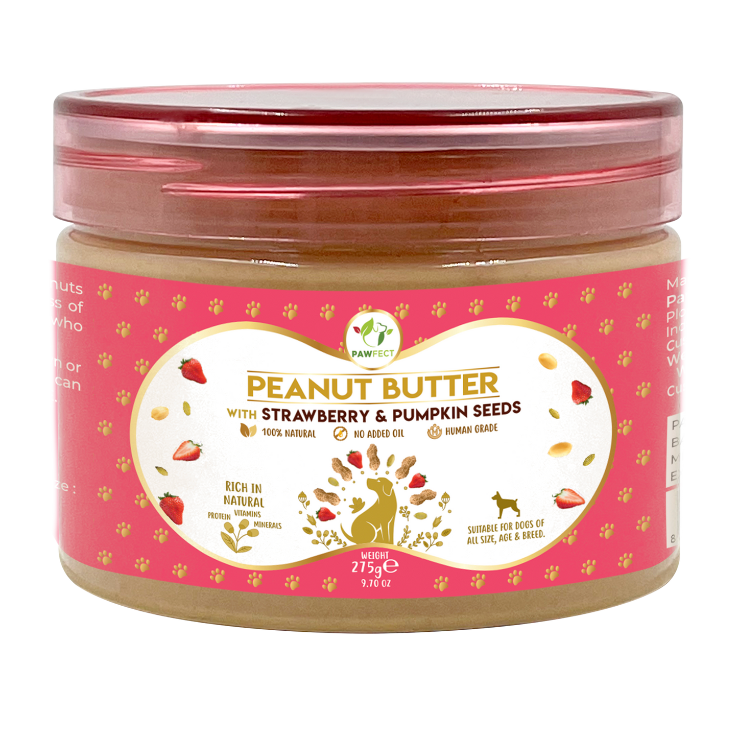 Pawfect Peanut Butter with Strawberry & Pumpkin Seeds for Dogs & Puppies | 100% Natural| No Added Sugar, Salt, Palm Oil | No Sweeteners, No Xylitol | Healthy Dog Treat