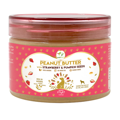 Pawfect Peanut Butter with Strawberry & Pumpkin Seeds for Dogs & Puppies | 100% Natural| No Added Sugar, Salt, Palm Oil | No Sweeteners, No Xylitol | Healthy Dog Treat